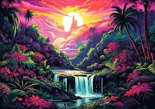 pintura de uma cachoeira em uma selva tropical com um castelo no fundo generativo ai