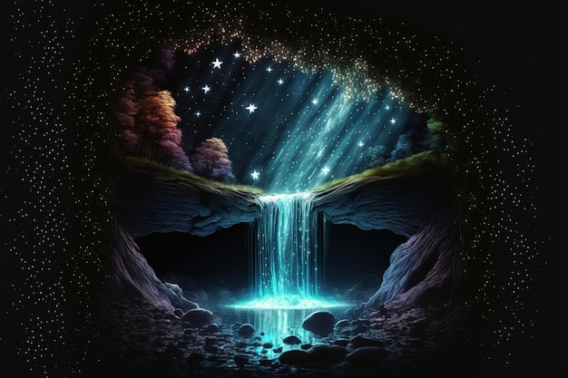 Pintura de uma cachoeira saindo de uma caverna Generative Ai