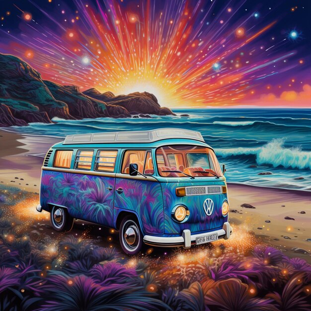 pintura de uma carrinha na praia com um pôr-do-sol no fundo