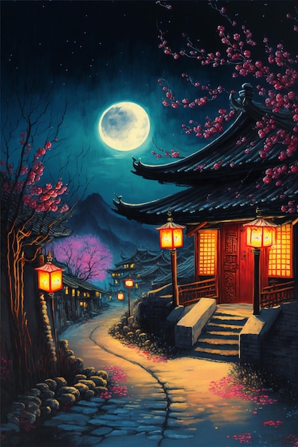 Pintura de uma casa à noite com lua cheia no céu generativo ai