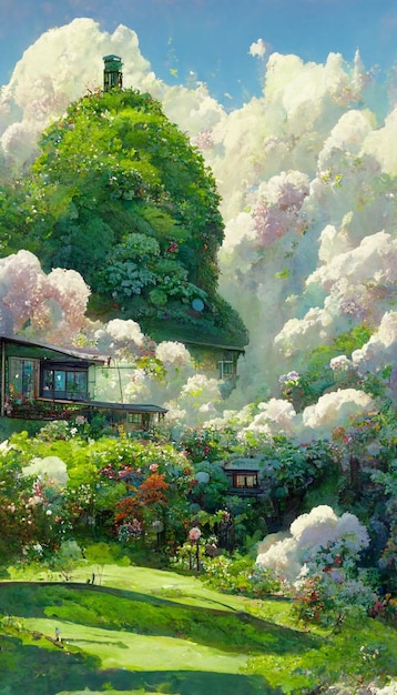 Pintura de uma casa cercada por flores generativas ai