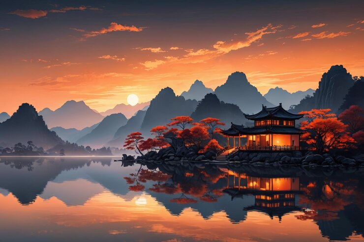 Foto pintura de uma casa chinesa em um lago com montanhas ao fundo