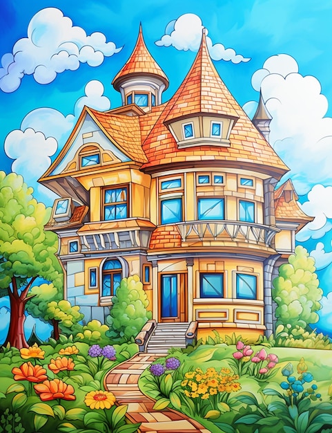 Pintura de uma casa com um jardim e um caminho que leva a ele ai generativo