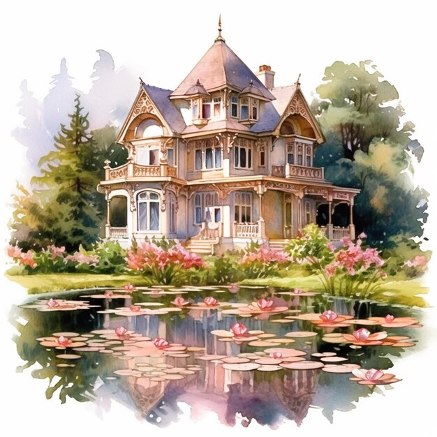 Foto pintura de uma casa com um lago e nenúfares na frente ai generativa