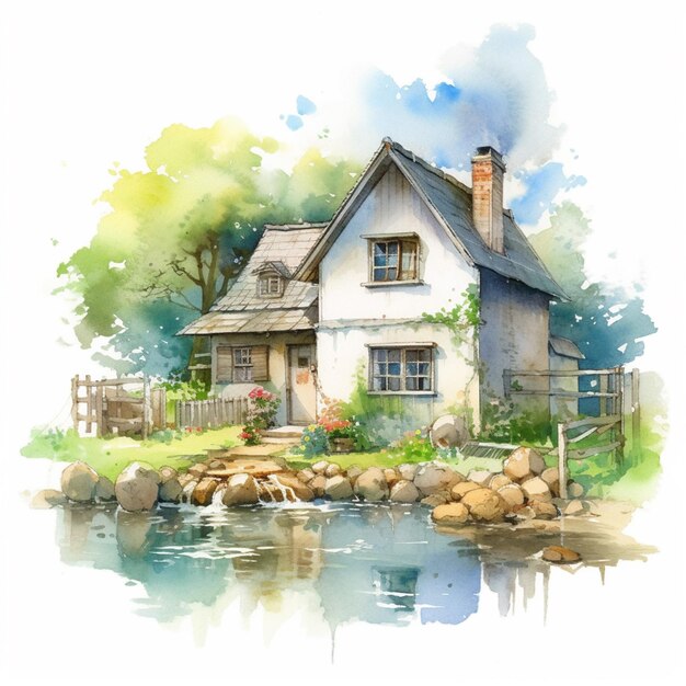 pintura de uma casa com um lago e uma cachoeira na frente ai generativa