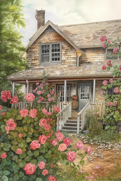 Pintura de uma casa com uma varanda e um jardim com rosas generativo ai