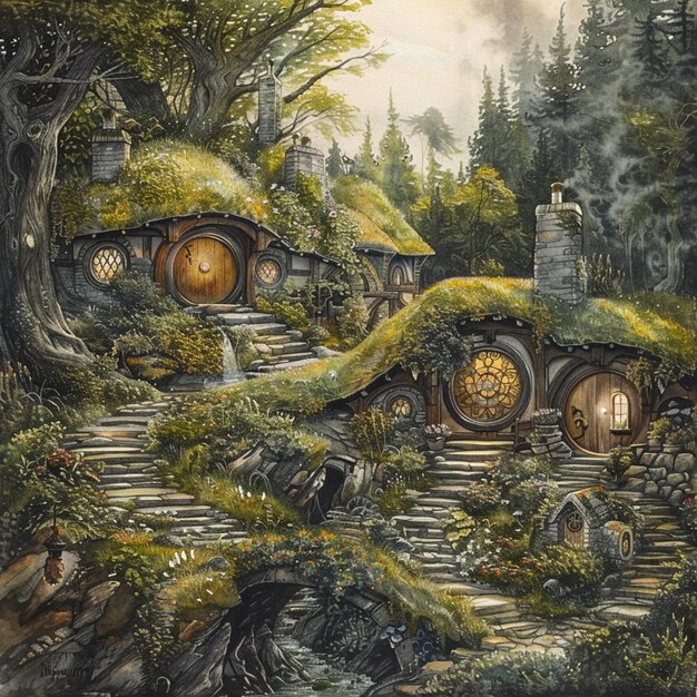 Foto pintura de uma casa de hobbits na floresta com uma escada que leva a ela.