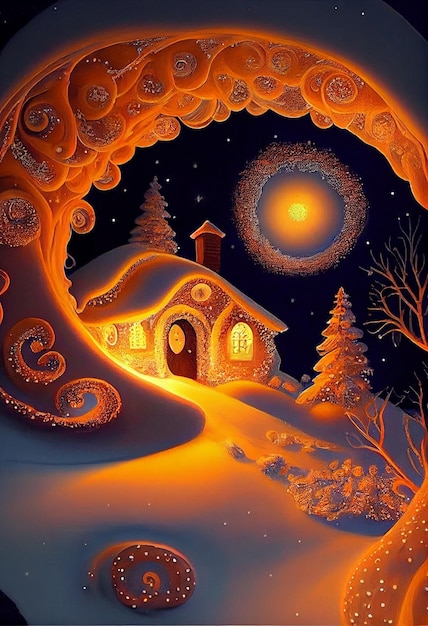 Pintura de uma casa em uma colina de neve generativa ai