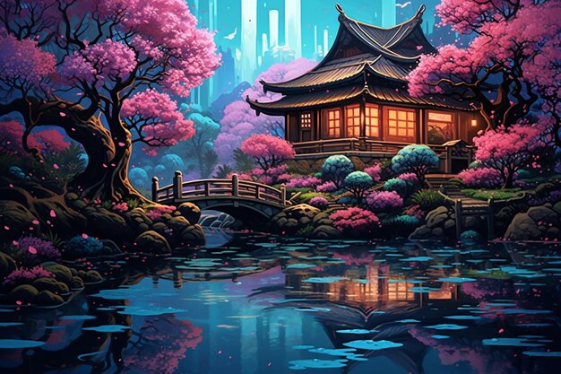 pintura de uma casa japonesa em uma floresta com uma ponte generativa ai