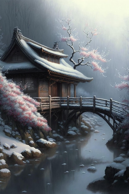 Pintura de uma casa japonesa na neve generativa ai