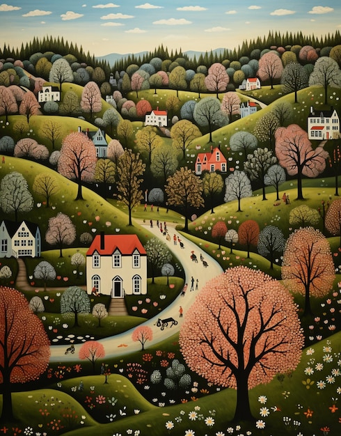 pintura de uma cena campestre com uma estrada sinuosa e casas generativas ai