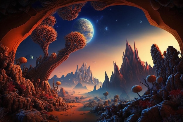 Pintura de uma cena de deserto com um planeta ao longe generative ai