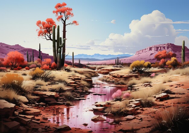 pintura de uma cena de deserto com um riacho passando por ela IA generativa