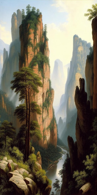 Pintura de uma cena de montanha com rio e ao fundo ai generativa