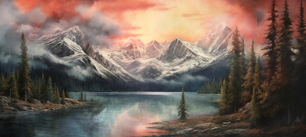 Pintura de uma cena de montanha com um lago e árvores generativo ai