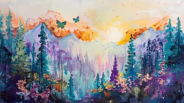 pintura de uma cena de montanha com um pôr-do-sol e árvores generativo ai