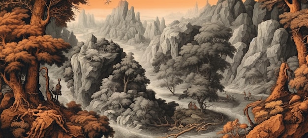 pintura de uma cena de montanha com um rio e um homem em um cavalo gerador de IA