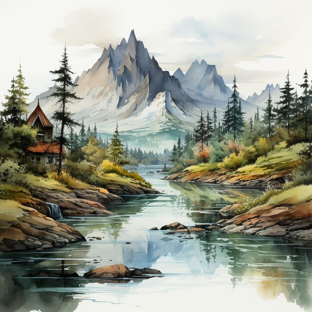 pintura de uma cena de montanha com um rio e uma cabana generativa ai