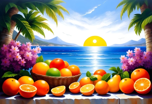 Foto pintura de uma cena de praia com frutas