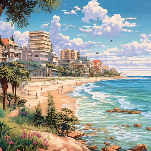 Pintura de uma cena de praia com vista para o oceano generative ai