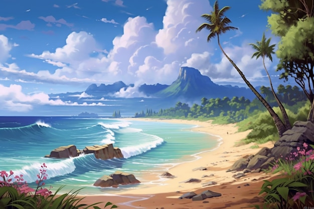 pintura de uma cena de praia tropical com palmeiras e uma montanha generativa ai