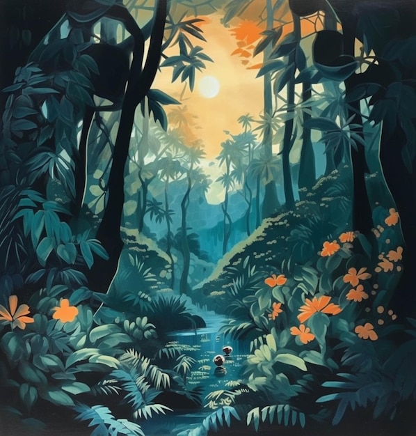 Pintura de uma cena de selva com um rio e árvores generativas ai