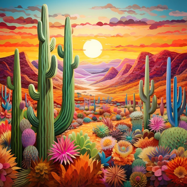 pintura de uma cena do deserto com árvores de cacto e flores generativa ai