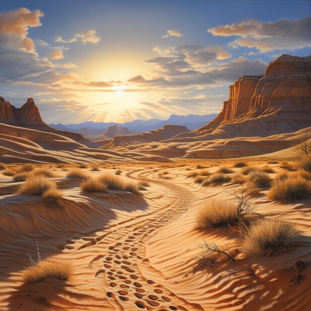 pintura de uma cena do deserto com um pôr-do-sol à distância generativo ai