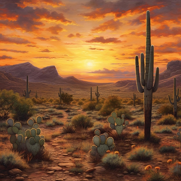 Pintura de uma cena do deserto com um pôr-do-sol e árvores de cacto generativo ai