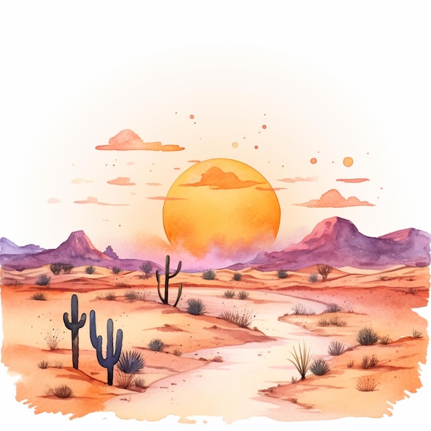 pintura de uma cena do deserto com um pôr-do-sol e árvores de cacto generativo ai