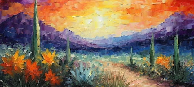 pintura de uma cena do deserto com um pôr-do-sol e árvores de cactus generativa ai