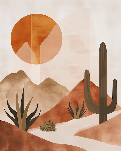 Foto pintura de uma cena do deserto com um sol no fundo