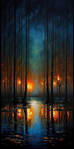 Pintura de uma cena noturna com lagoa e luzes de rua generativas ai
