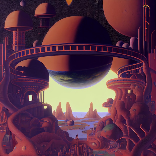 Pintura de uma cidade futurista com planetas ao fundo generative ai