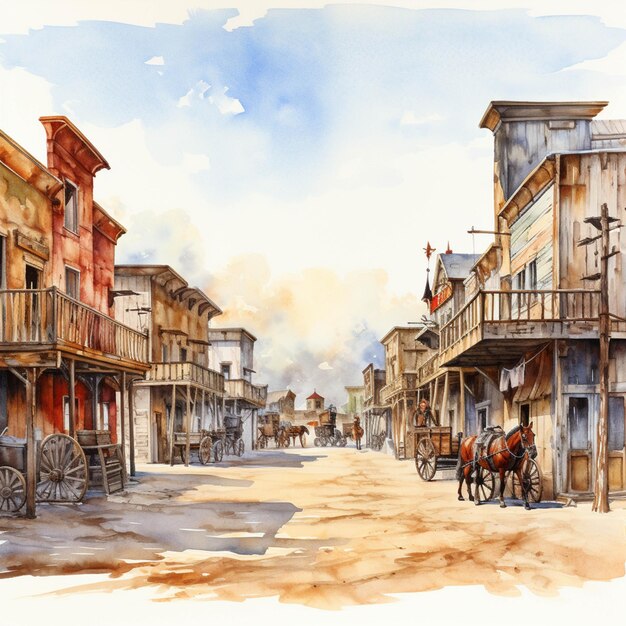 Pintura de uma cidade ocidental com uma carruagem puxada por cavalos e uma carruagem generativa ai