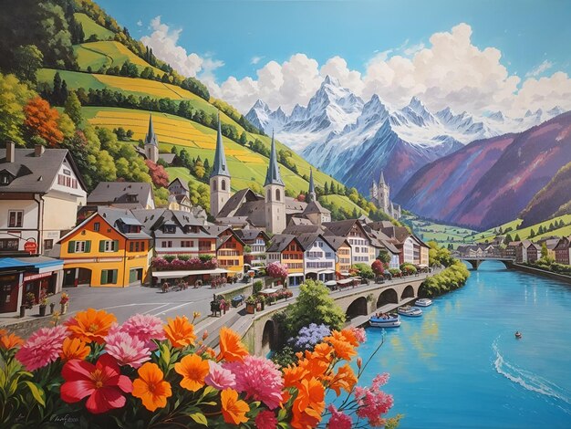 Pintura de uma cidade suíça no rio Reno