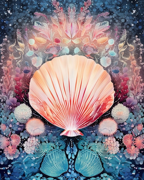 pintura de uma concha com uma flor e uma borboleta ao fundo ai generativa
