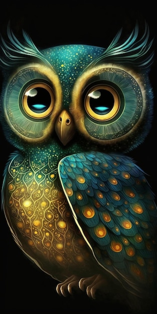 Pintura de uma coruja azul com olhos verdes e dourados generative ai