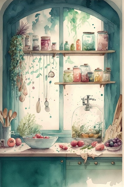 Pintura de uma cozinha com janela generativa ai