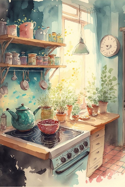 Pintura de uma cozinha com tachos e panelas no fogão generative ai