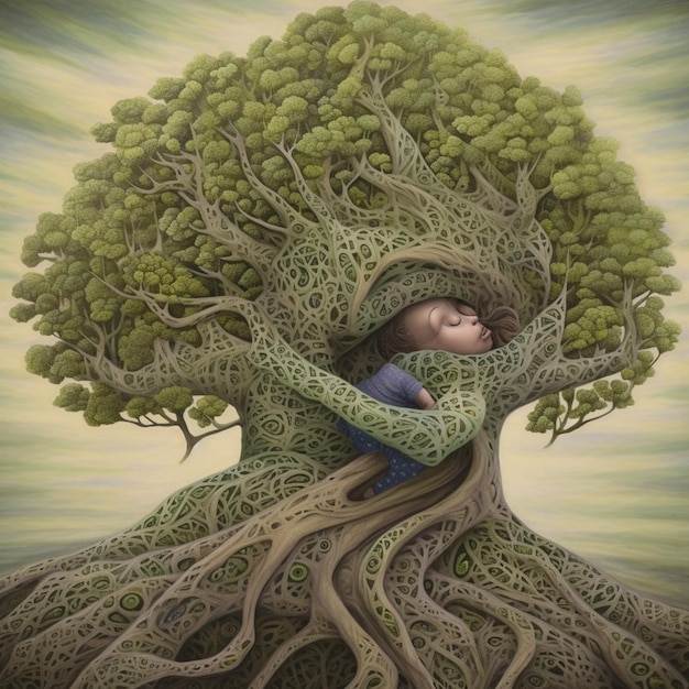 Pintura de uma criança abraçando uma árvore com um fundo verde generativo ai