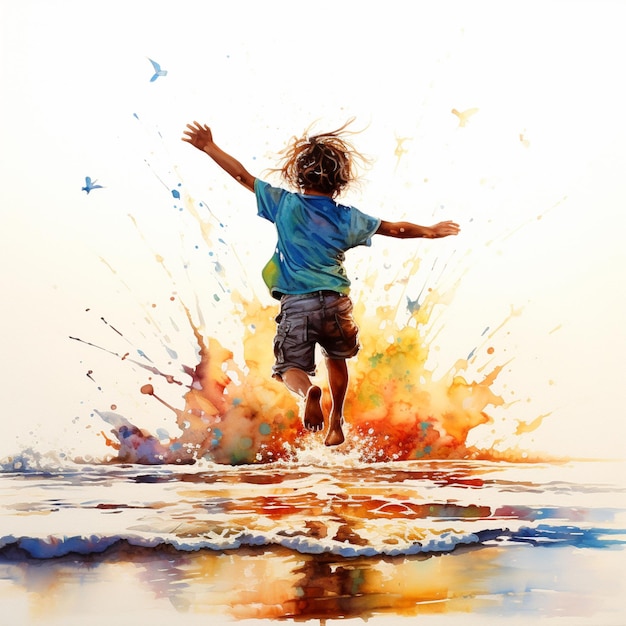 pintura de uma criança pulando na água com os braços estendidos