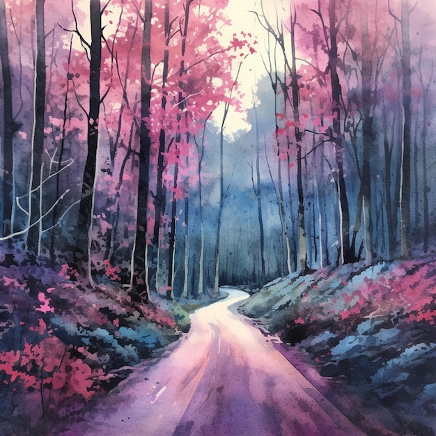 Pintura de uma estrada em uma floresta com árvores e flores generativas ai