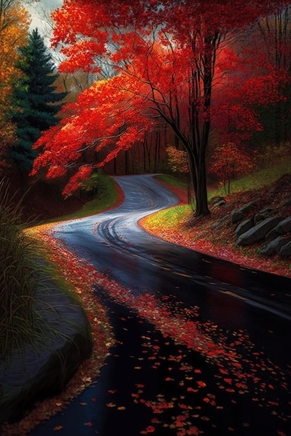 Pintura de uma estrada sinuosa cercada por árvores generativas ai