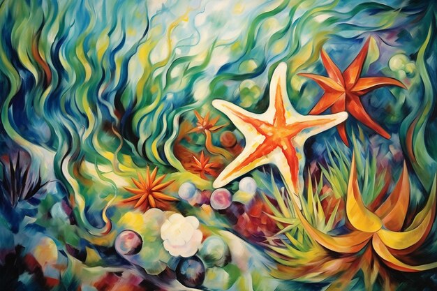 Foto pintura de uma estrela-do-mar e outra vida marinha em um oceano colorido generativo ai