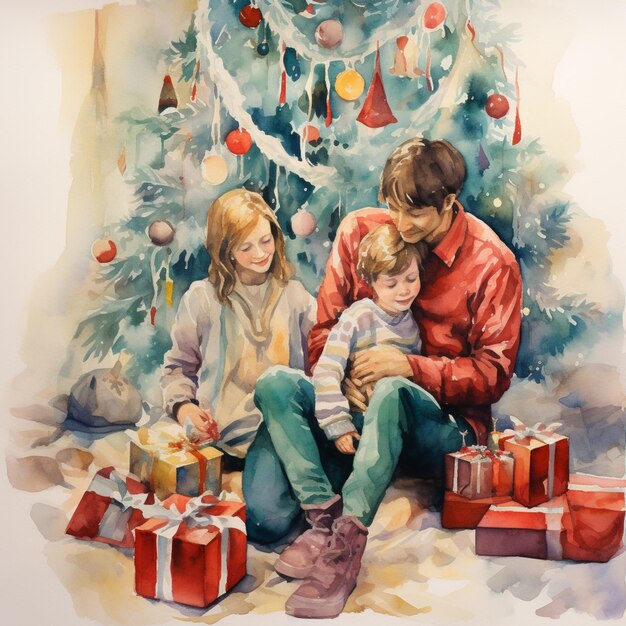 pintura de uma família sentada na frente de uma árvore de Natal generativa ai