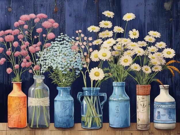 pintura de uma fileira de vasos com flores em uma mesa generativa ai
