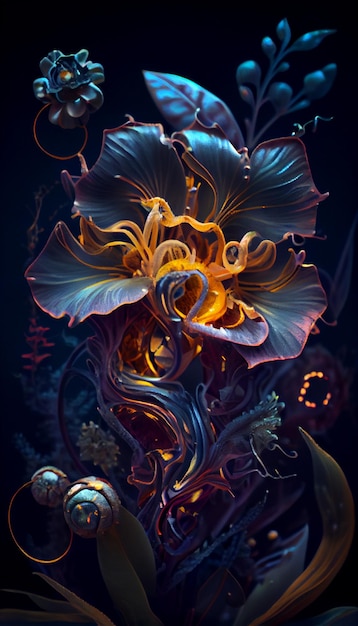 Pintura de uma flor com fundo azul generativo ai