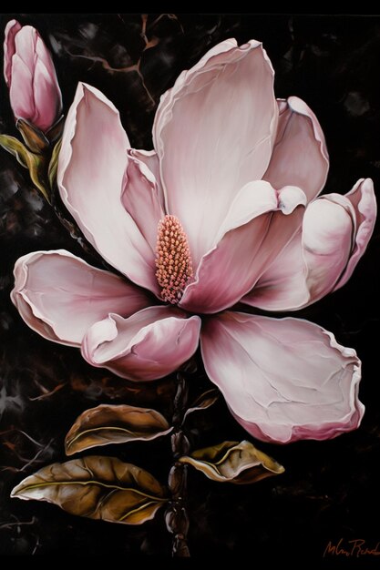 pintura de uma flor rosa com folhas em um fundo preto