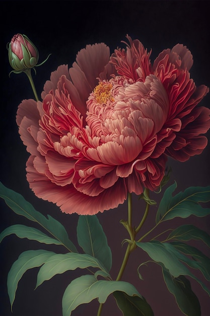 Pintura de uma flor rosa com folhas verdes generativas ai